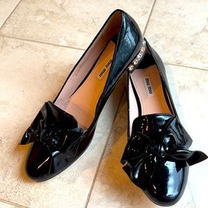 SOLD Miu Miu BRAND NEW Black Patent Leather Bow Crystal Embellished Ballet.